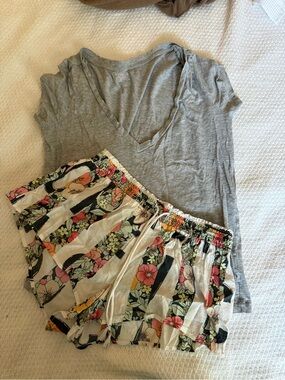 Victorias Secret Floral Stripe Sleep Shorts and Gray V-Neck Top Pajama Set
